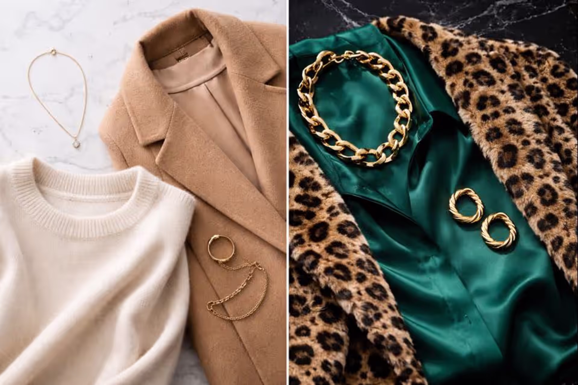 Side-by-side comparison showing quiet luxury essentials in neutral tones alongside bold statement pieces, illustrating the two distinct approaches to personal style.