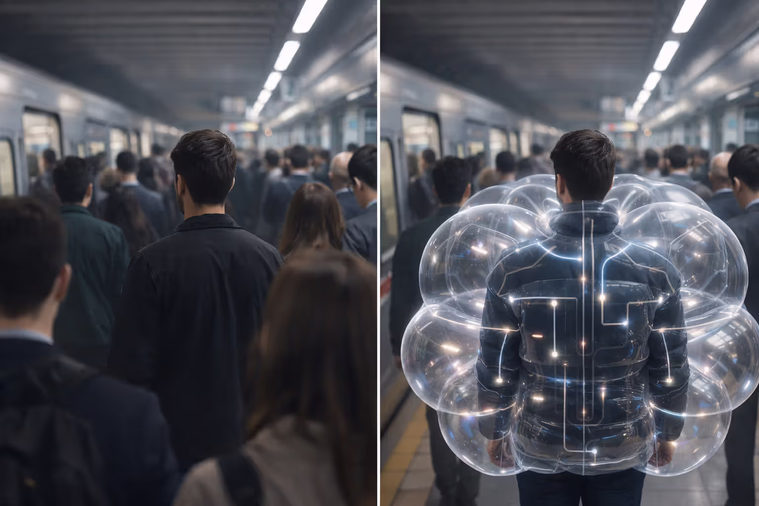 Smart garments redefining personal space in crowded environments.